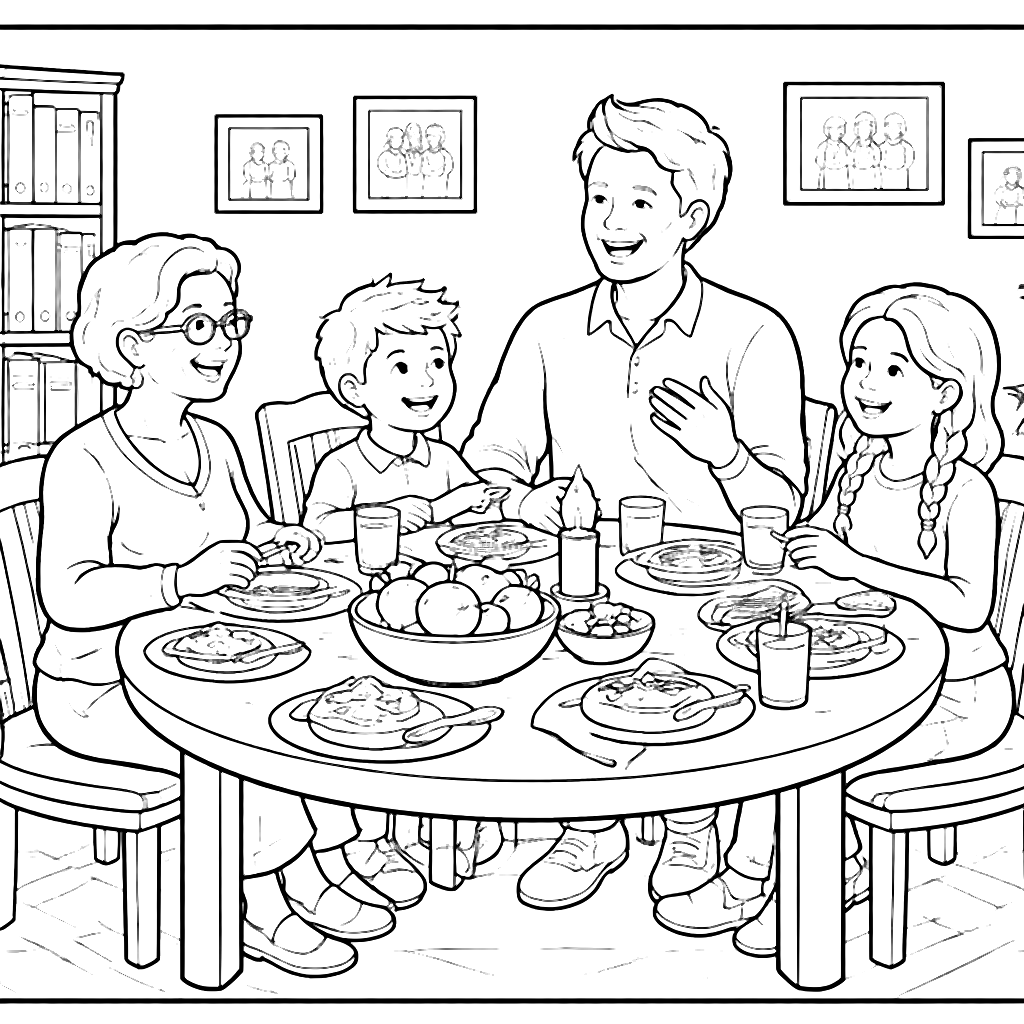 Home Coloring Page: Family Dinner Gathering Scene