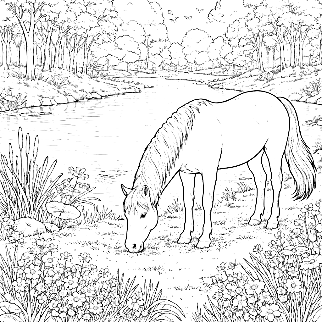 Beautiful Horse Grazing by a Tranquil Pond Coloring Page