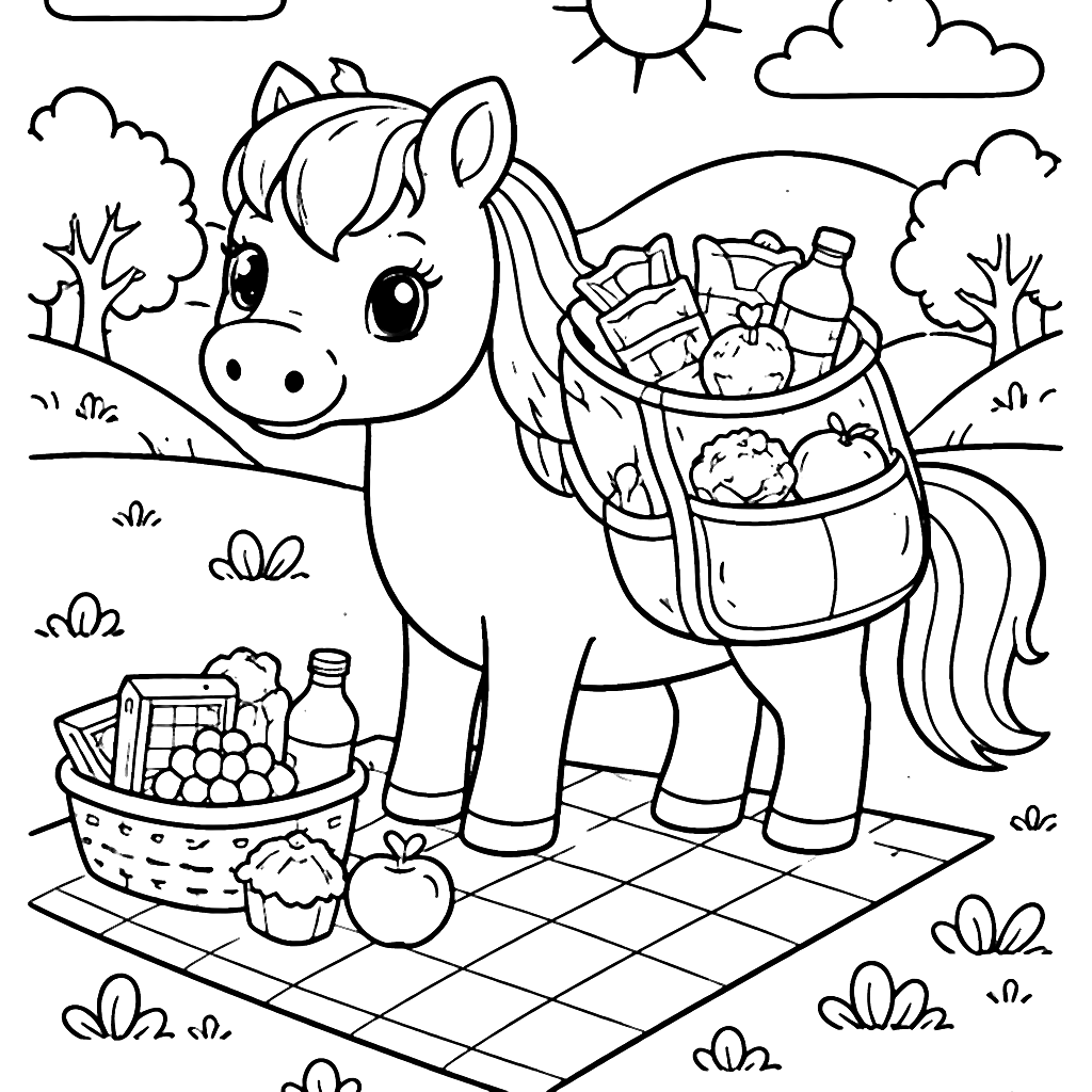 Horse with Snack Backpack in Sunny Hills Landscape