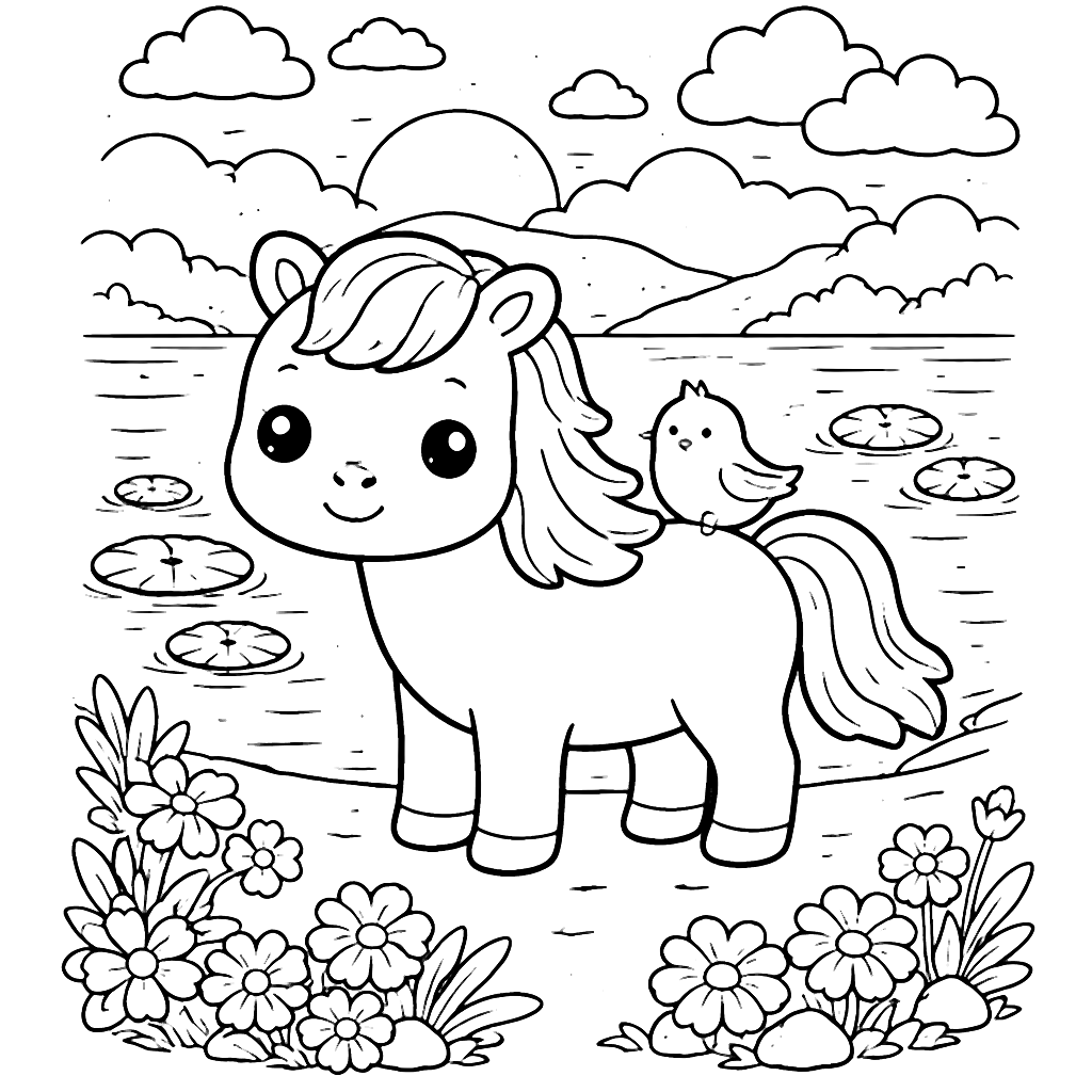 Serene Horse Coloring Page with a Tiny Bird Friend