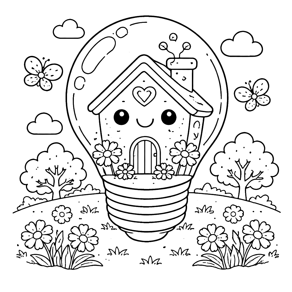 Coloring Page of a House Inside a Lightbulb