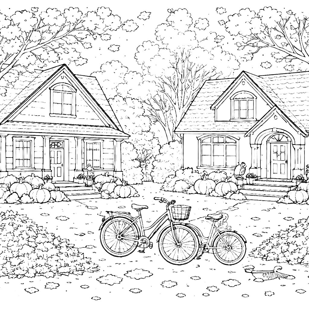 Charming Houses Surrounded by Autumn Foliage Coloring Page