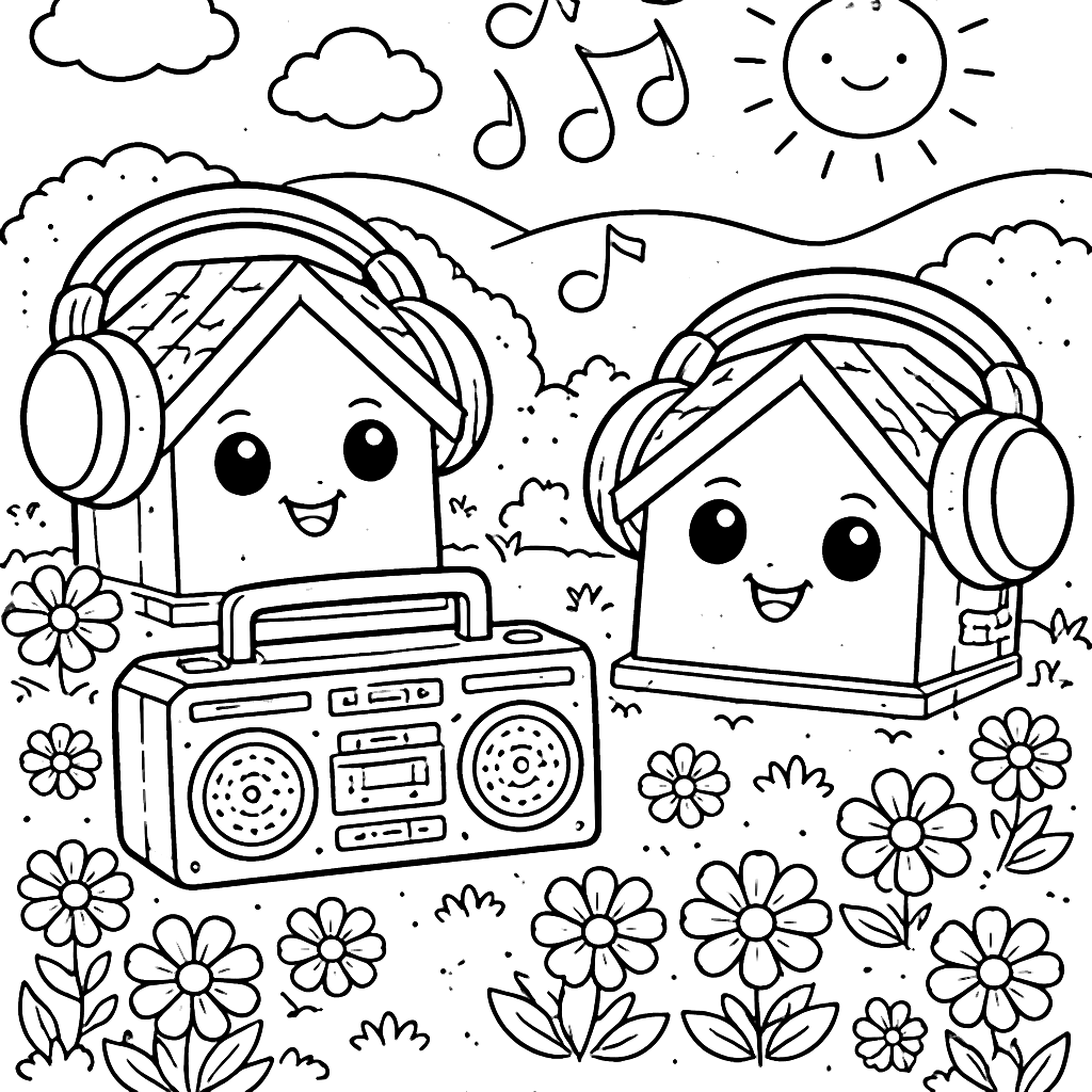 Fun Coloring Page of Houses with Headphones on a Hill