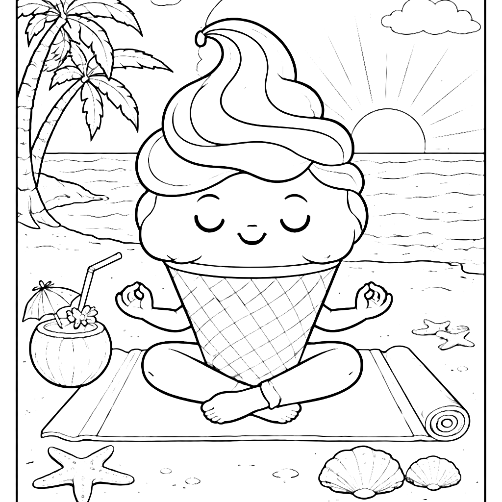 Yoga Ice Cream at the Serene Beach Sunrise Coloring Page