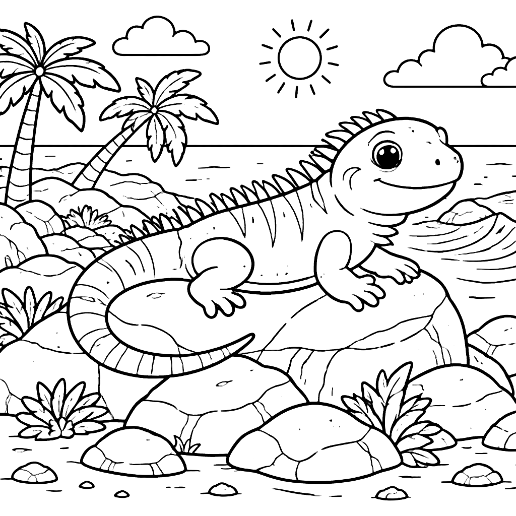 Iguana Coloring Page - Basking in Coastal Sunshine