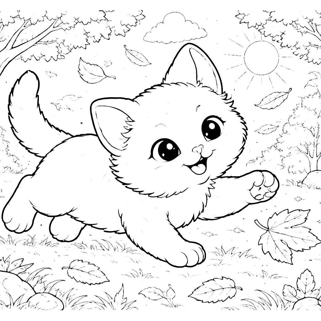 Kawaii Kitten Coloring Page - Playful Autumn Scene