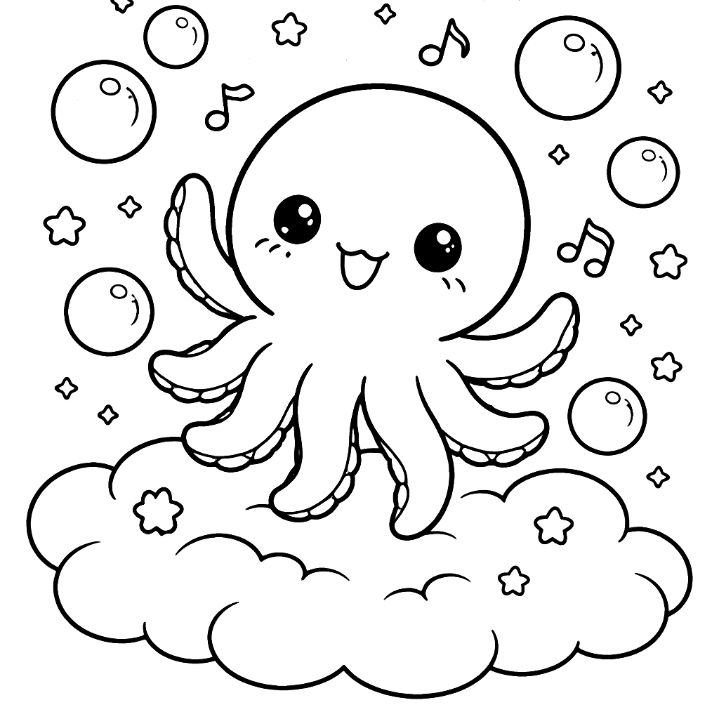 Kawaii Octopus Dancing on a Fluffy Cloud Coloring Page