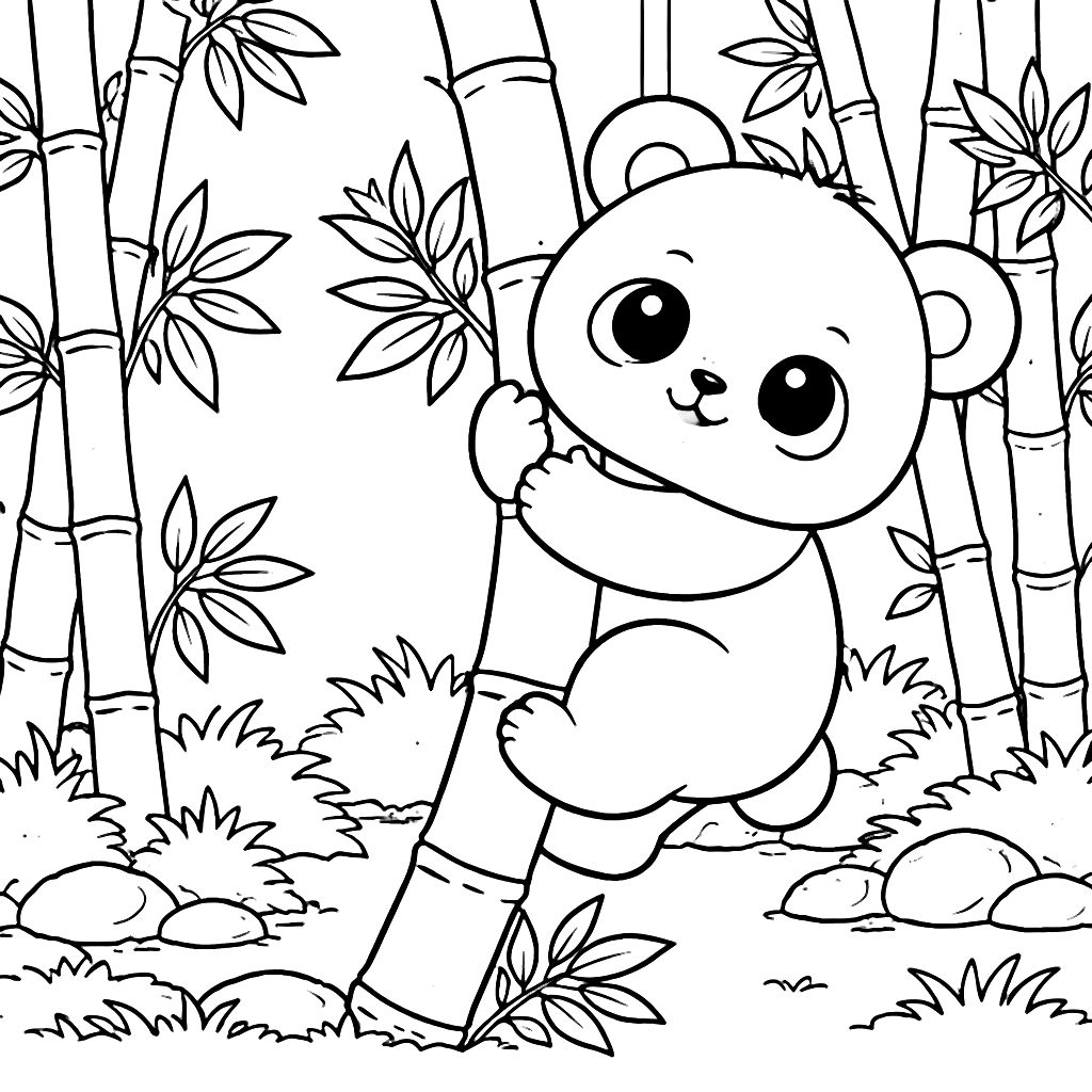 Kawaii Panda Coloring Page: Climbing Bamboo Adventure
