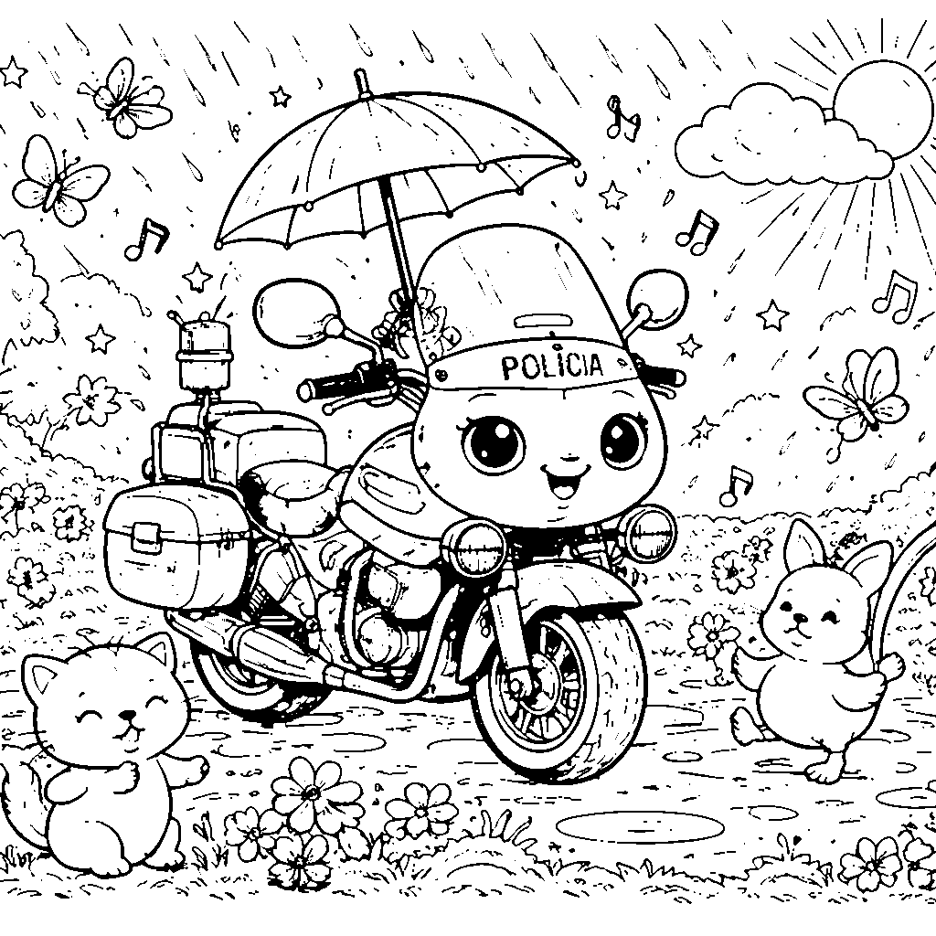 Kawaii Police Motorcycle Adventure Coloring Page