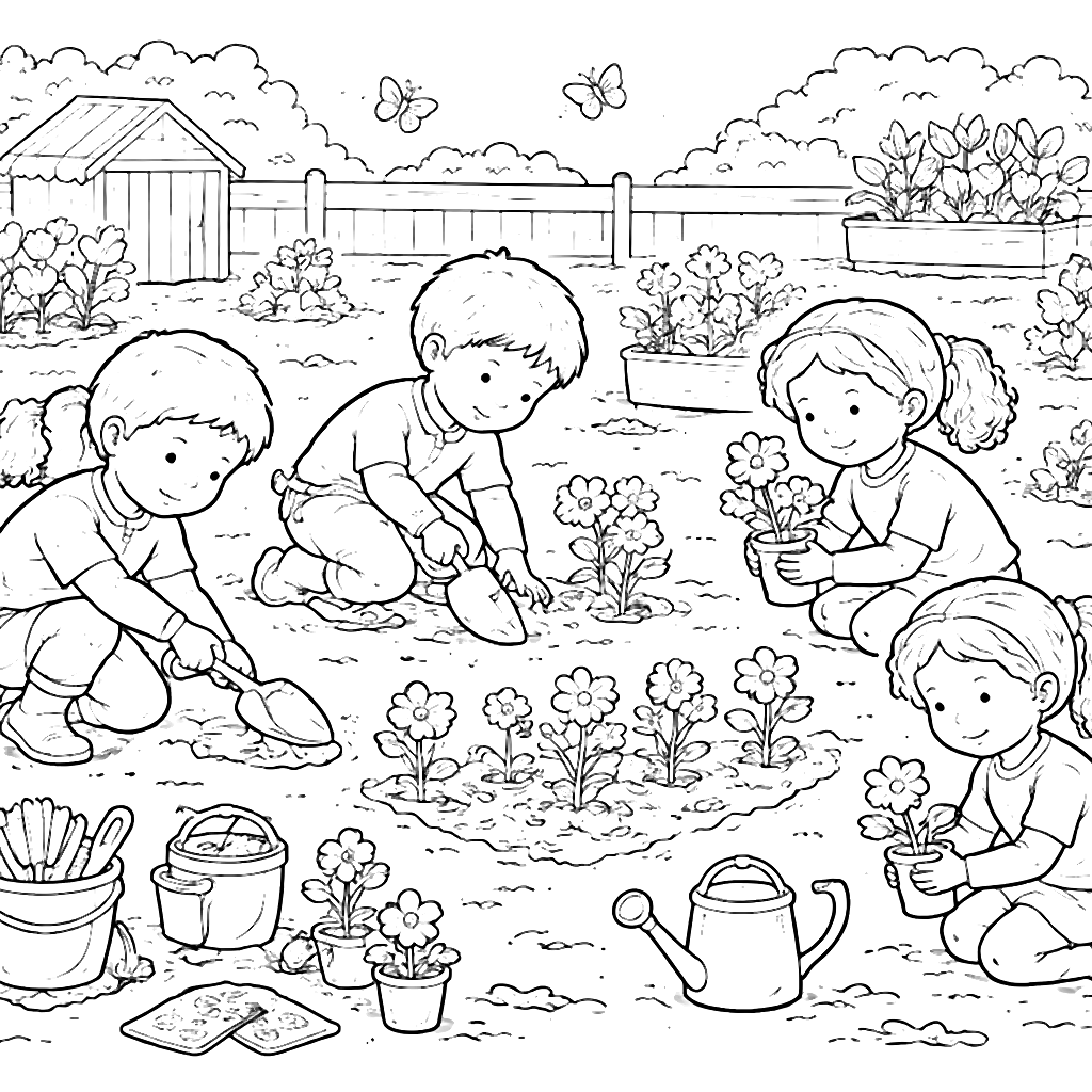 Colorful Kindergarten Garden Planting Activity Coloring Page