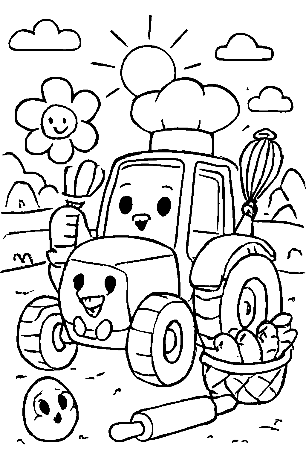 Fun Kitchen Coloring Page with a Cooking Tractor
