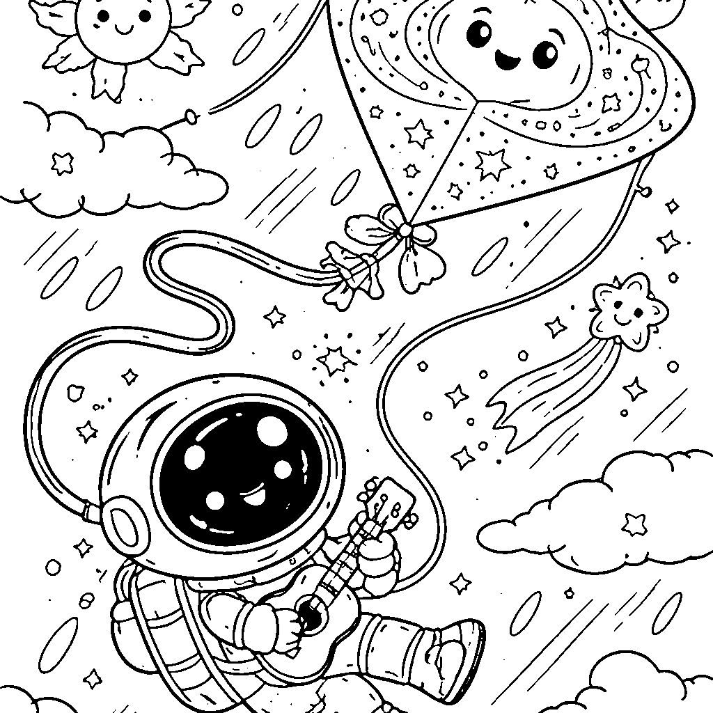 Soaring High: The Kite Flying Astronaut Coloring Page