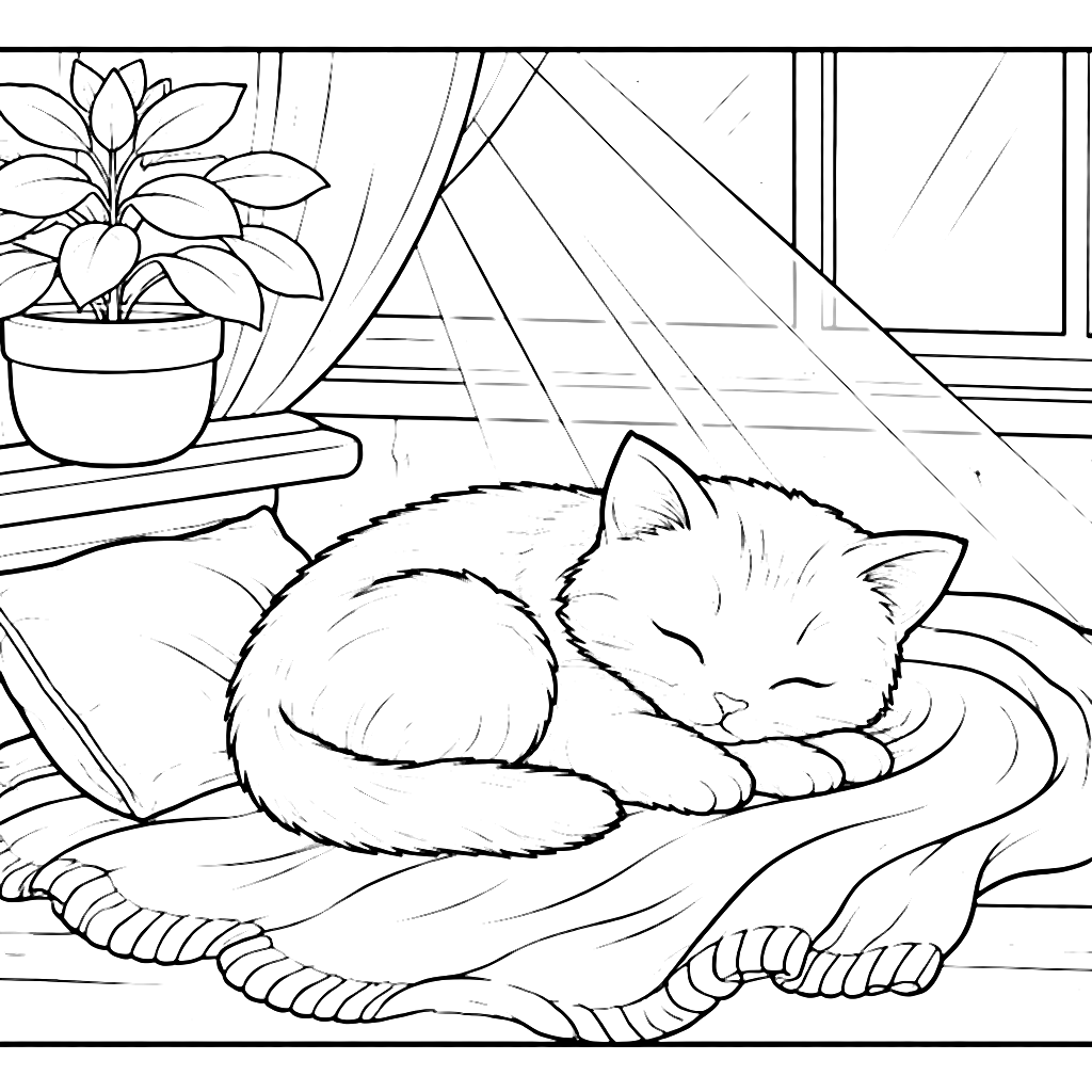 Cozy Sleeping Kitten Coloring Page for Kids