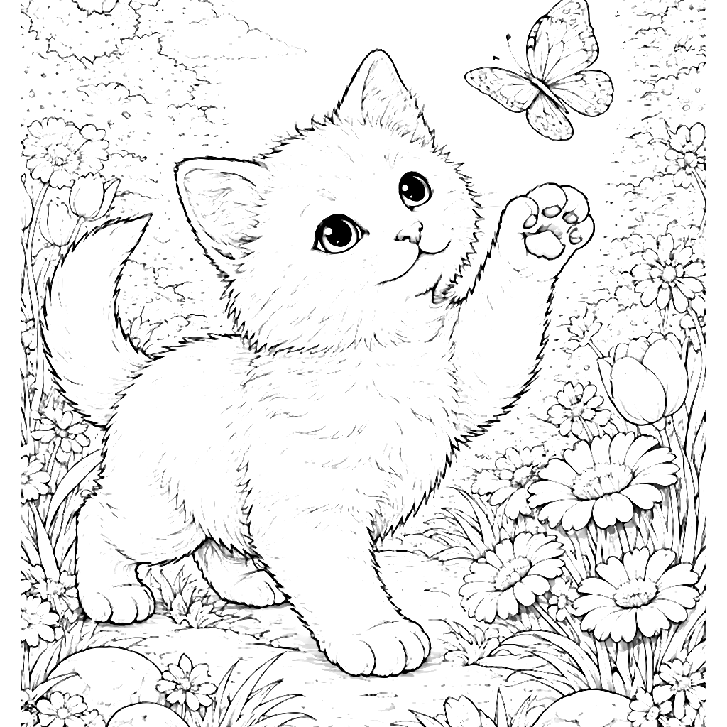 Curious Kitten Pawing at a Butterfly Coloring Page