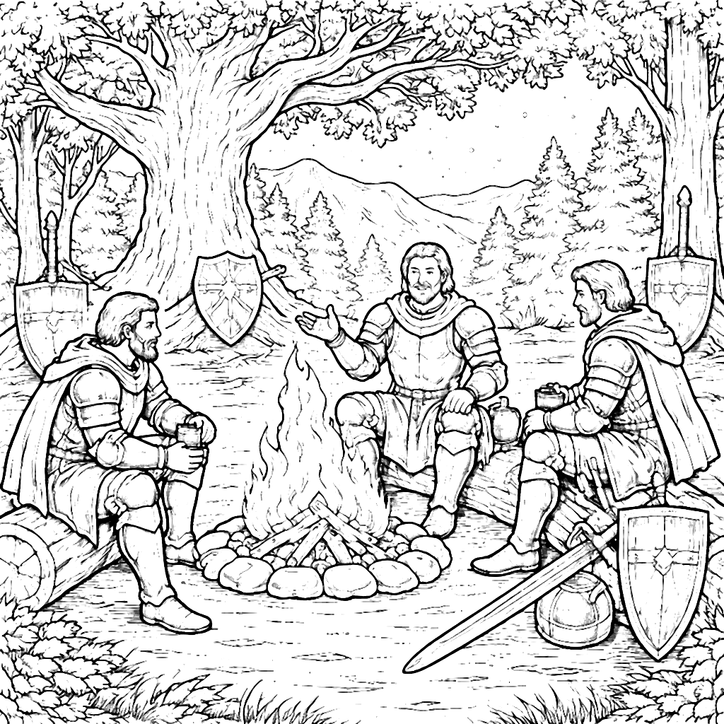 Knights Gathering Around a Campfire Coloring Page