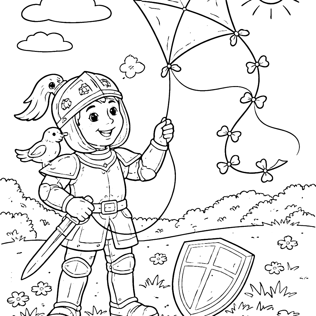 Knights Flying a Colorful Kite in a Sunny Meadow