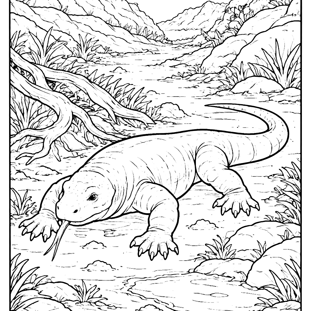 Coloring Page of a Komodo Dragon in Its Habitat