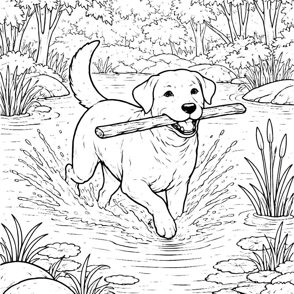 Labrador Retriever Splashing in a Pond Coloring Page