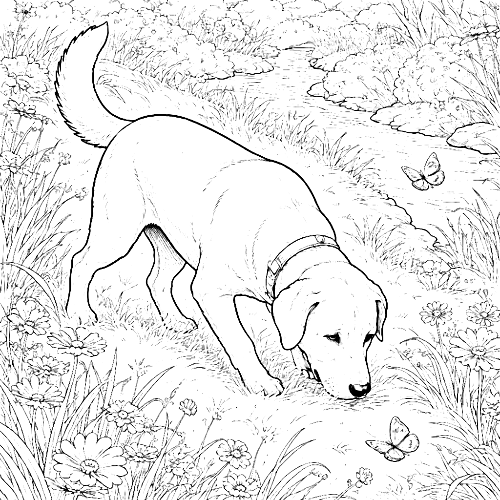 Labrador Retriever Scent Tracking in a Grassy Field
