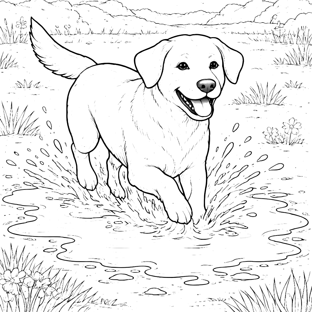 Labrador Retriever Splashing Through a Puddle Coloring Page