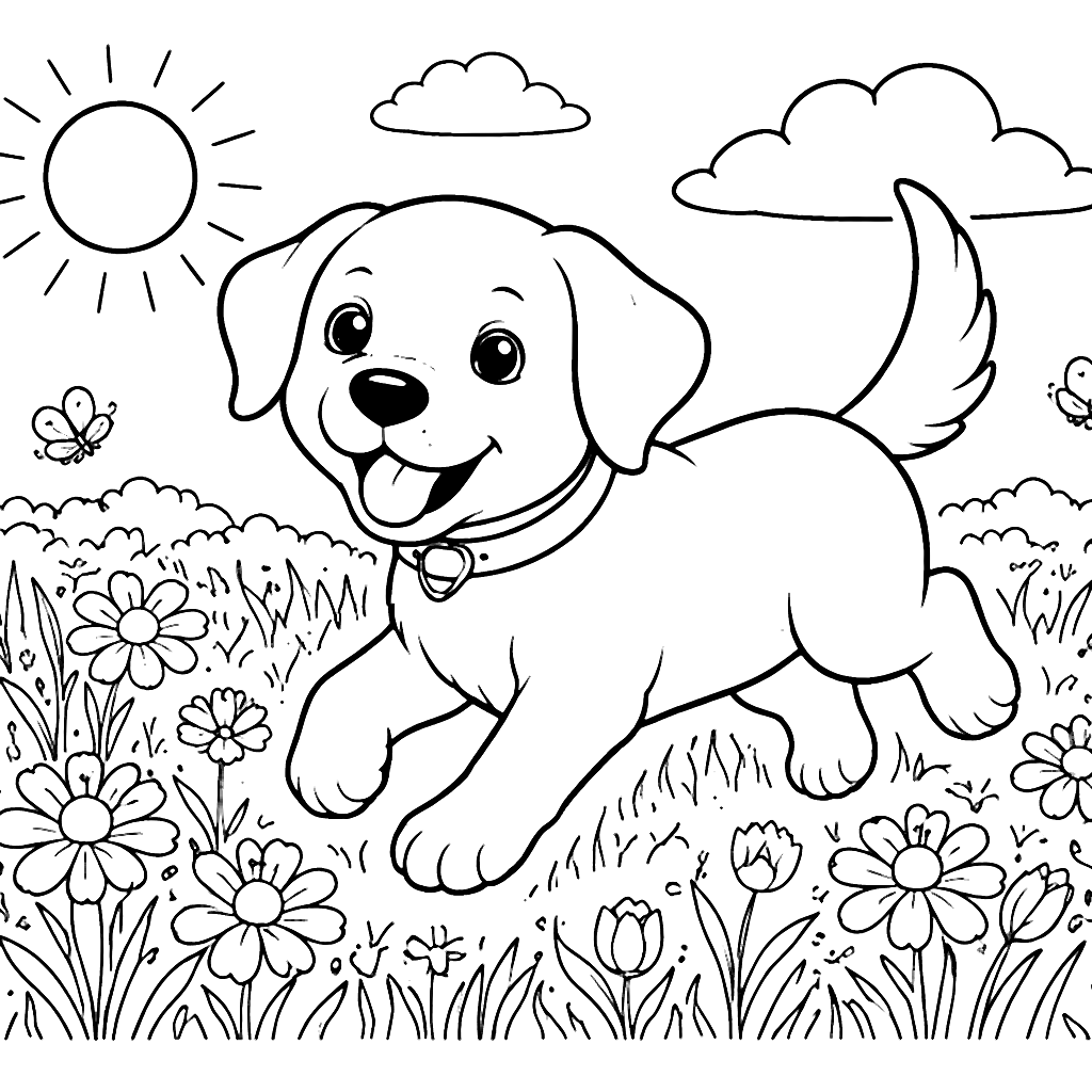 Labrador Retriever Playing in a Sunny Meadow Coloring Page