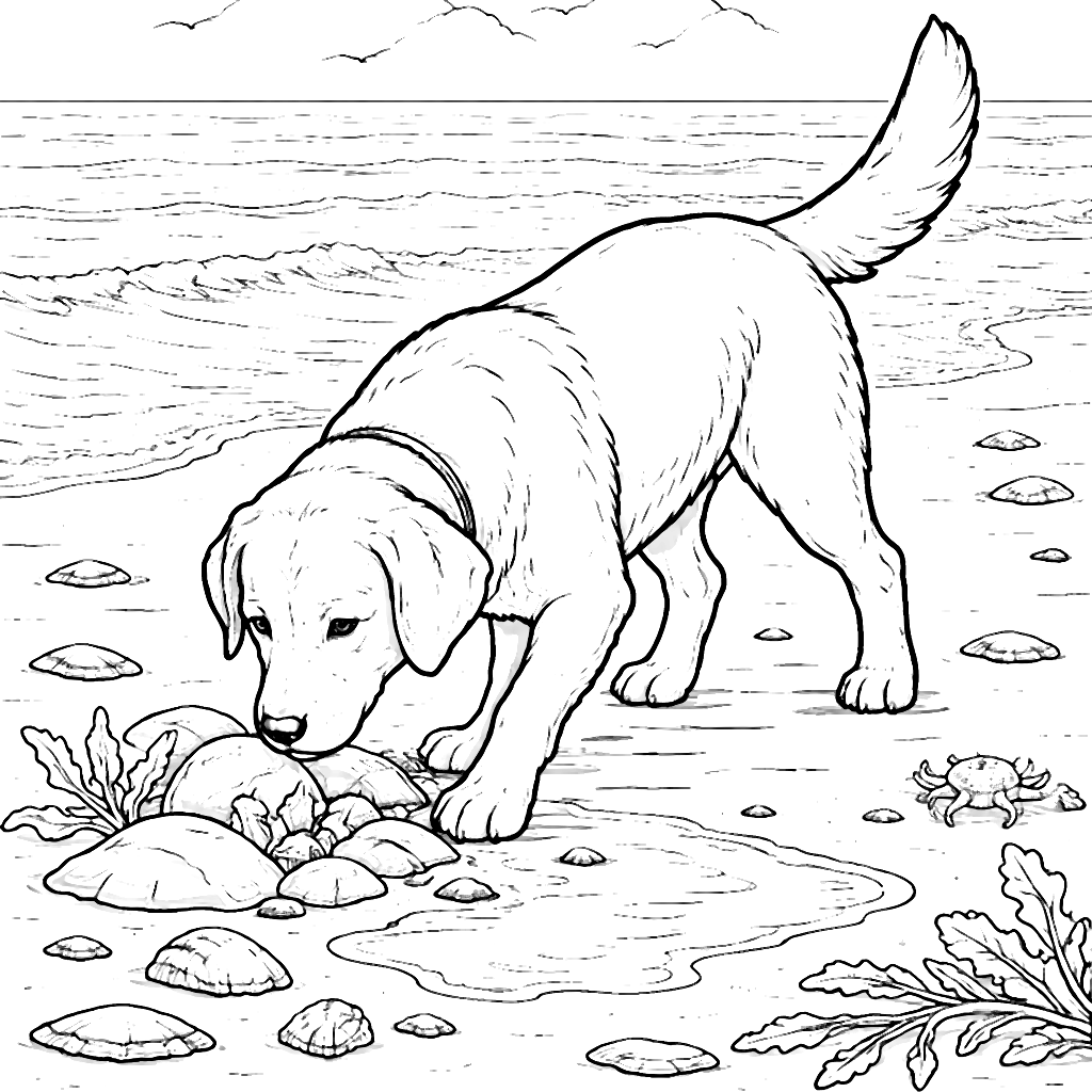 Labrador Retriever Exploring the Shoreline Coloring Page