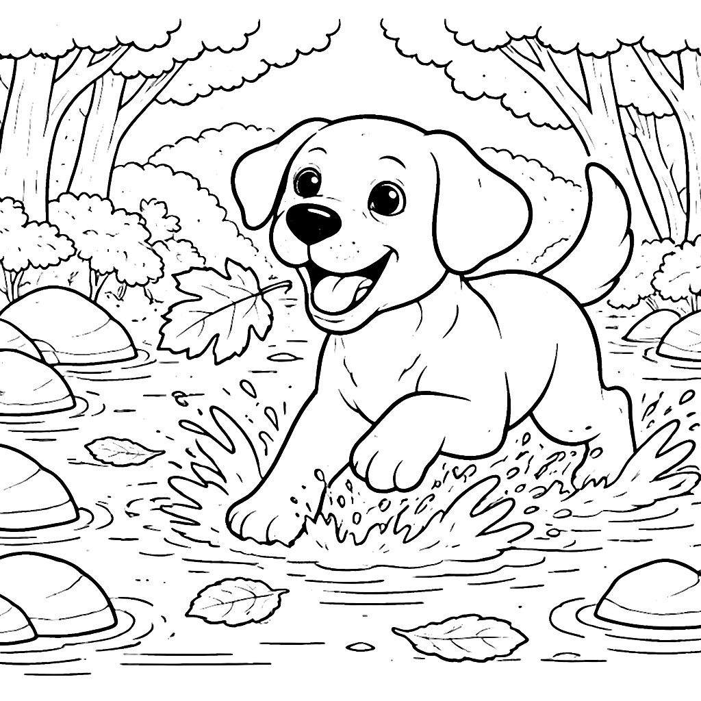 Labrador Retriever Splashing in a Stream Coloring Page