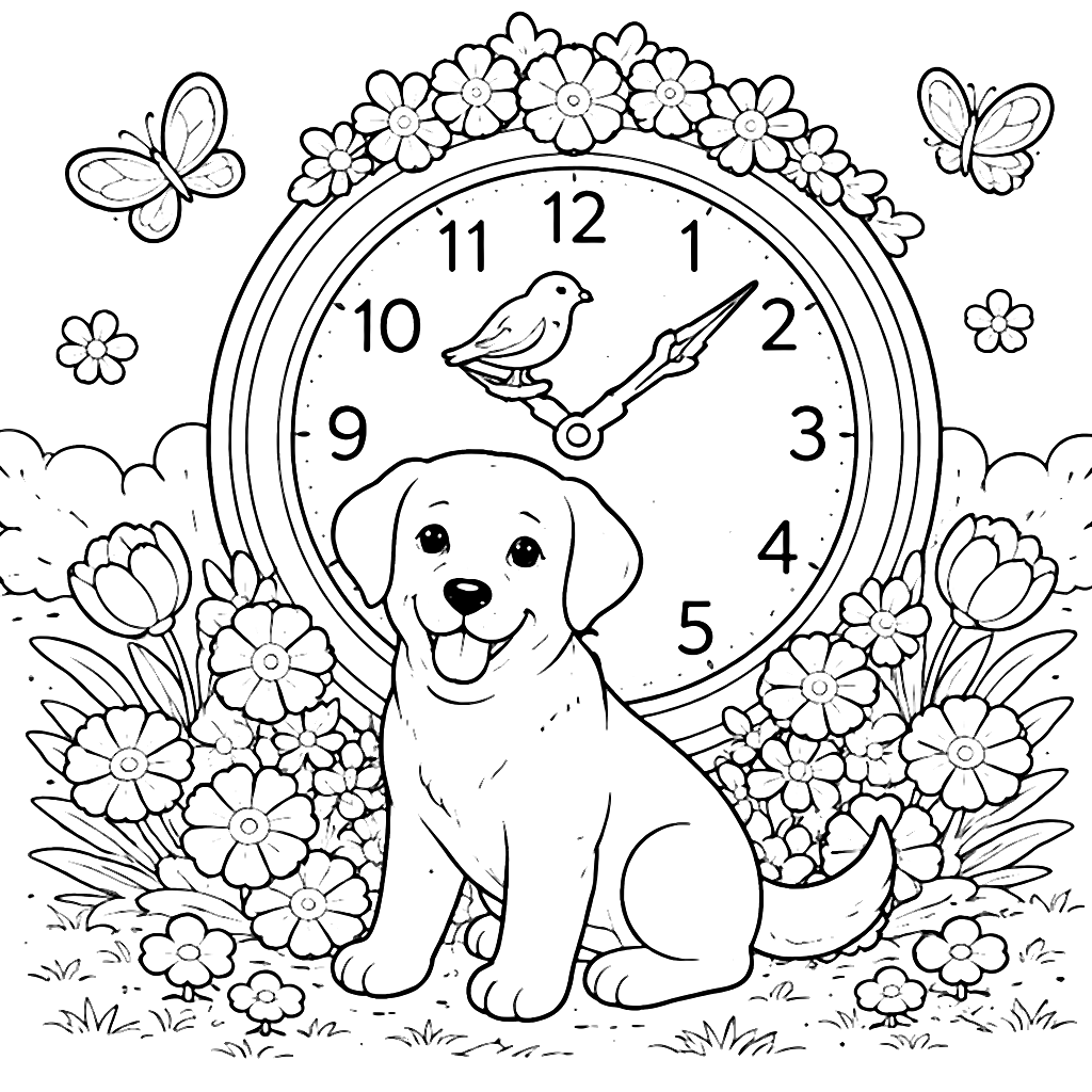 Labrador Retriever in a Whimsical Garden Coloring Page