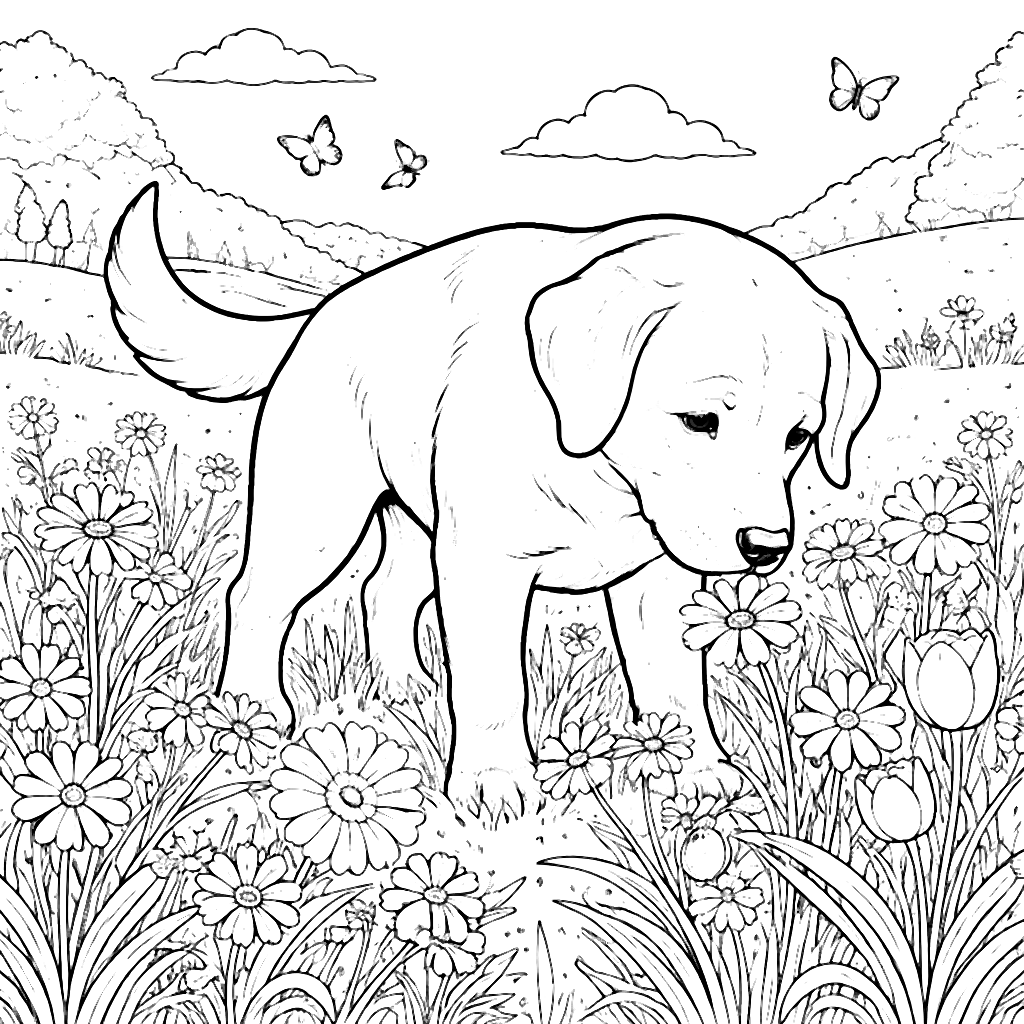 Labrador Retriever Sniffing Wildflowers Coloring Page
