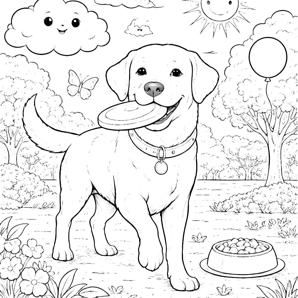 Playful Labrador Retriever with Cloud Friend Coloring Page
