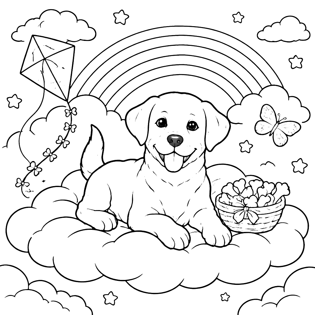 Labrador Retriever Coloring Page with Rainbow and Cloud