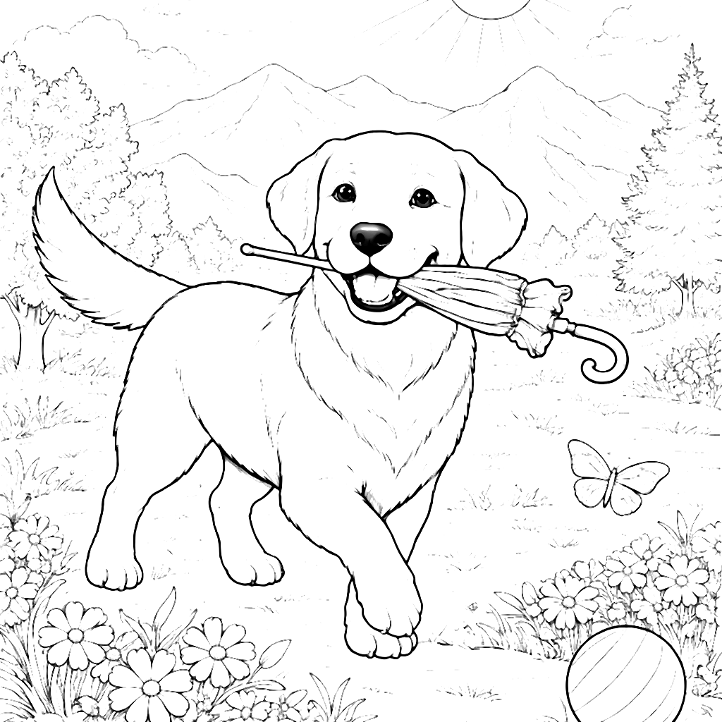 Labrador Retriever with Umbrella – Fun Coloring Page