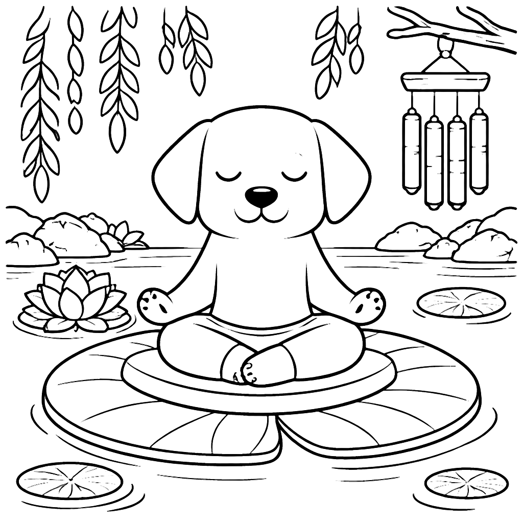 Labrador Retriever Meditating on a Lily Pad Coloring Page