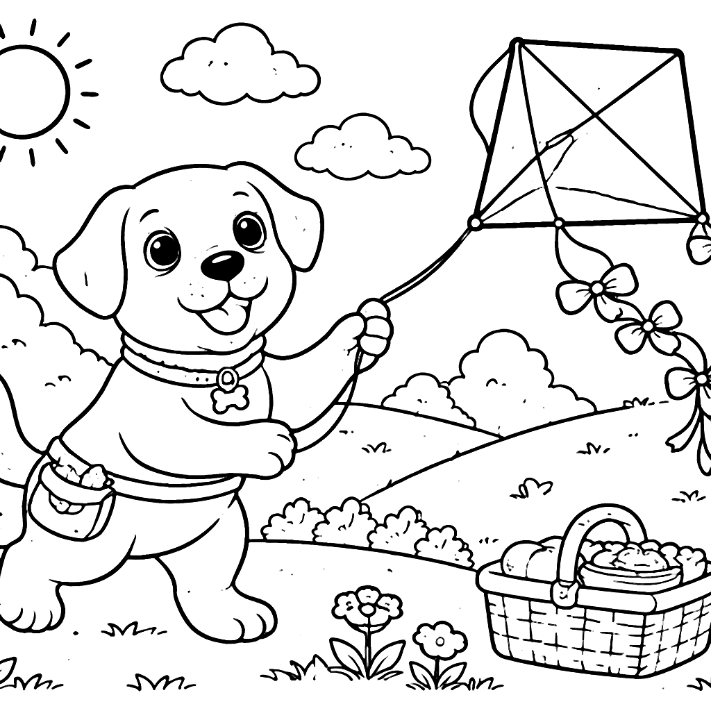 Labrador Retriever Flying a Colorful Kite Coloring Page