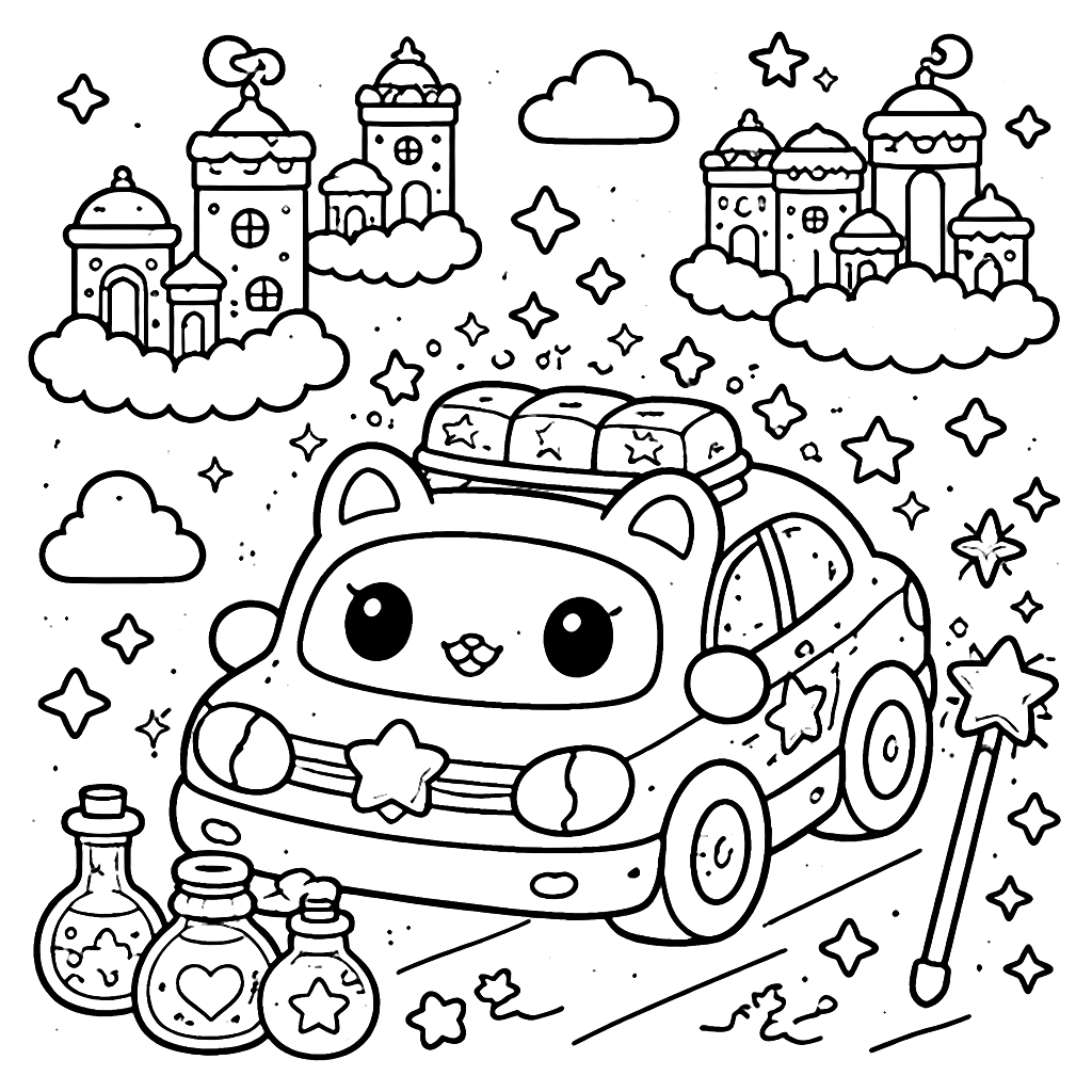 Magical Police Cat Car Coloring Page for Kids
