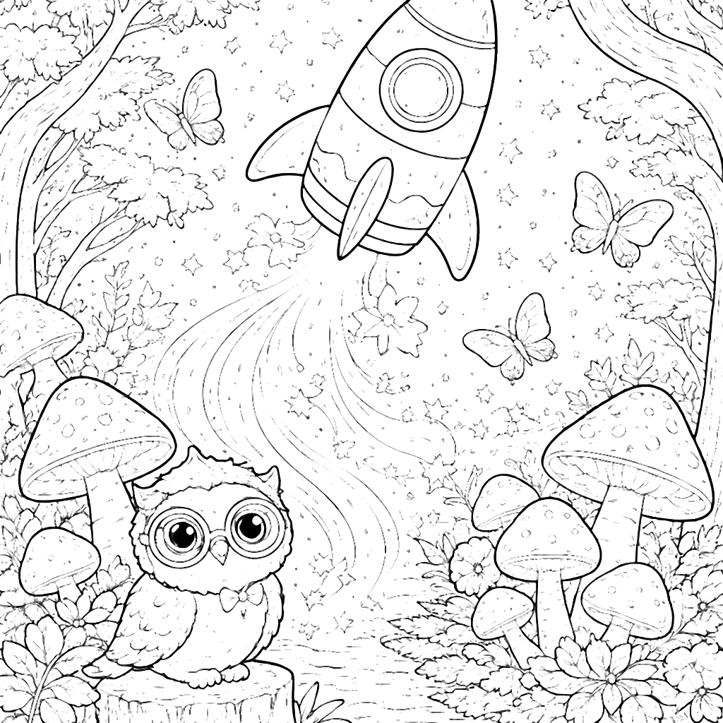 Coloring Page of a Magical Rocket in an Enchanted Forest