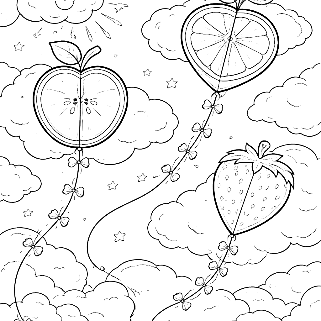 Coloring Page of Marshmallow Clouds and Fruit Kites
