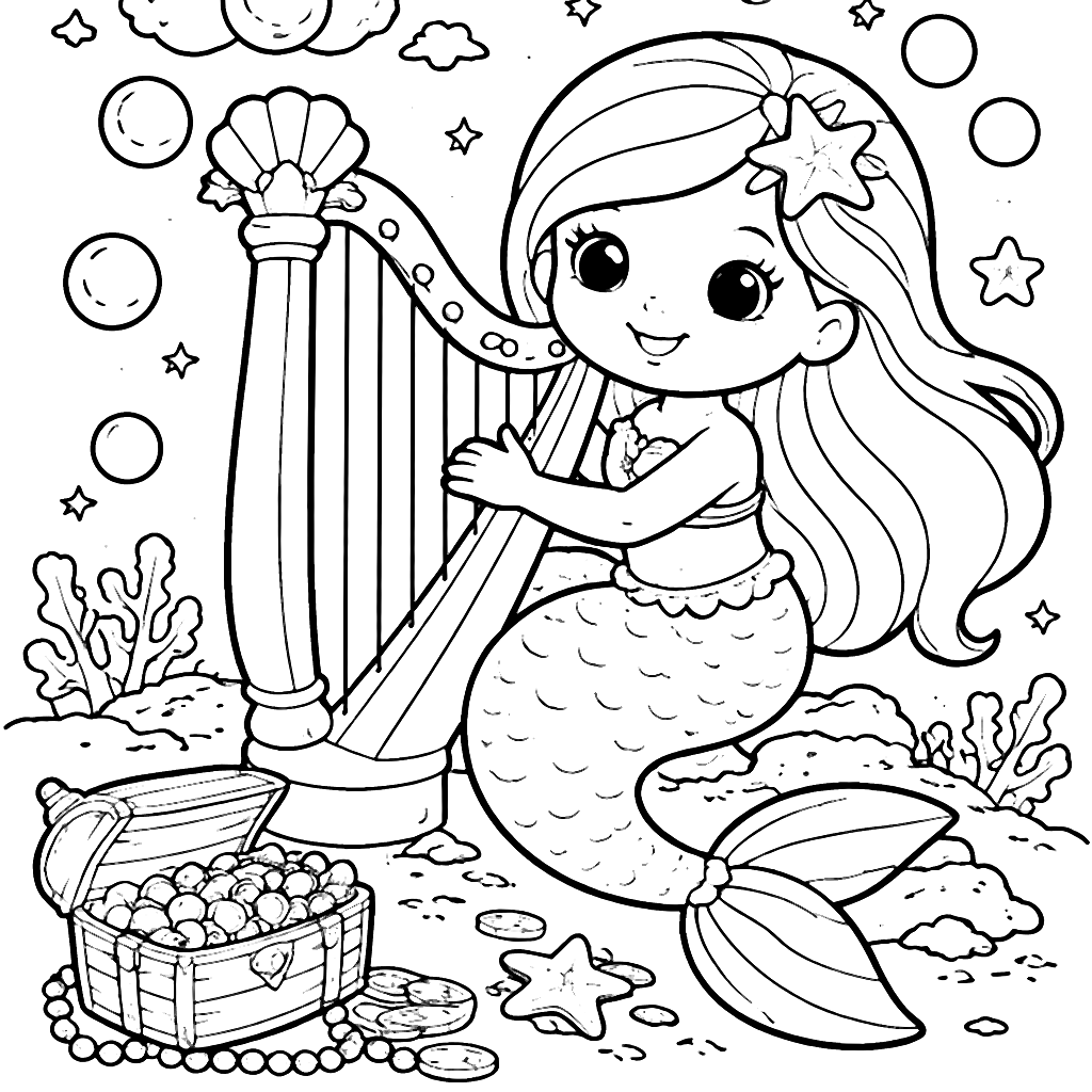 Enchanting Mermaid Playing Harp Underwater - Coloring Page