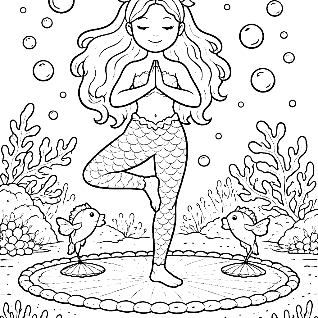 Mermaid Yoga in a Coral Reef Coloring Page