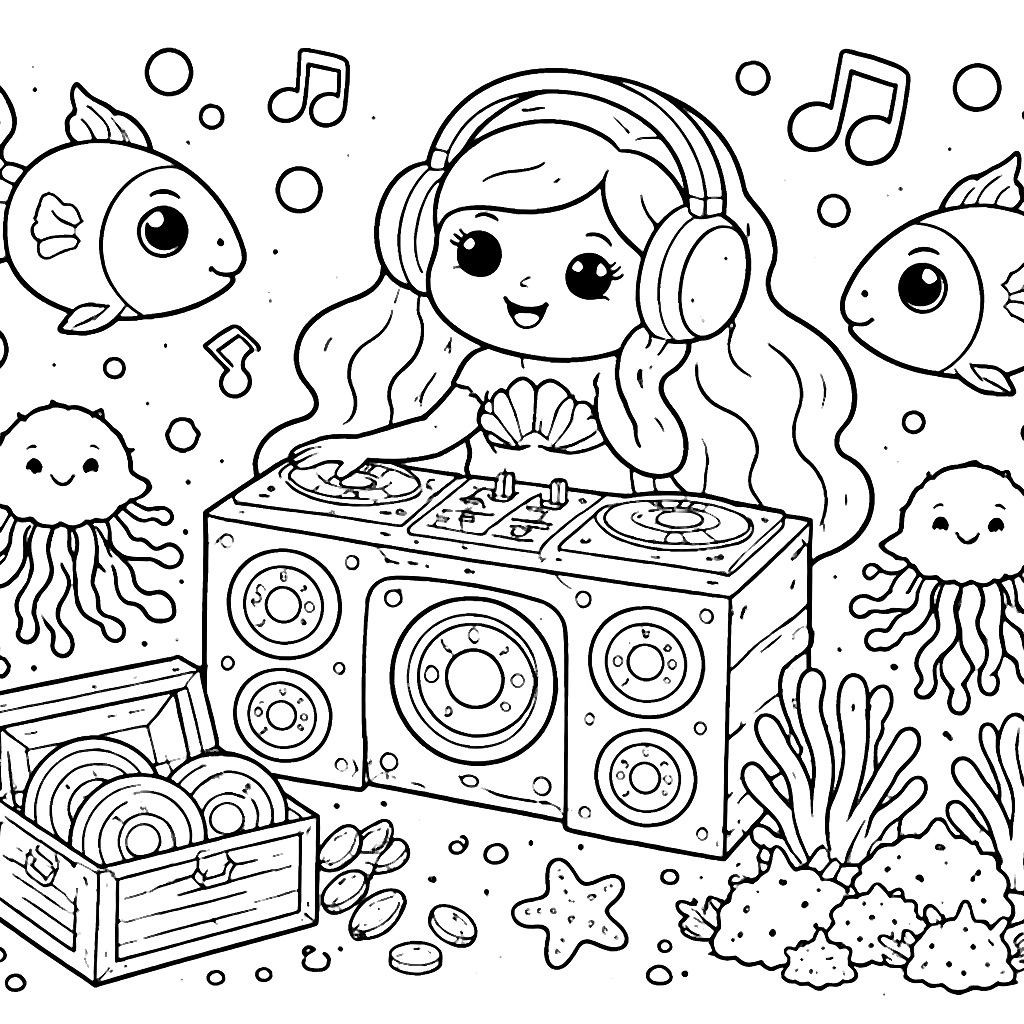 Coloring Page of a Mermaid DJ at Underwater Festival