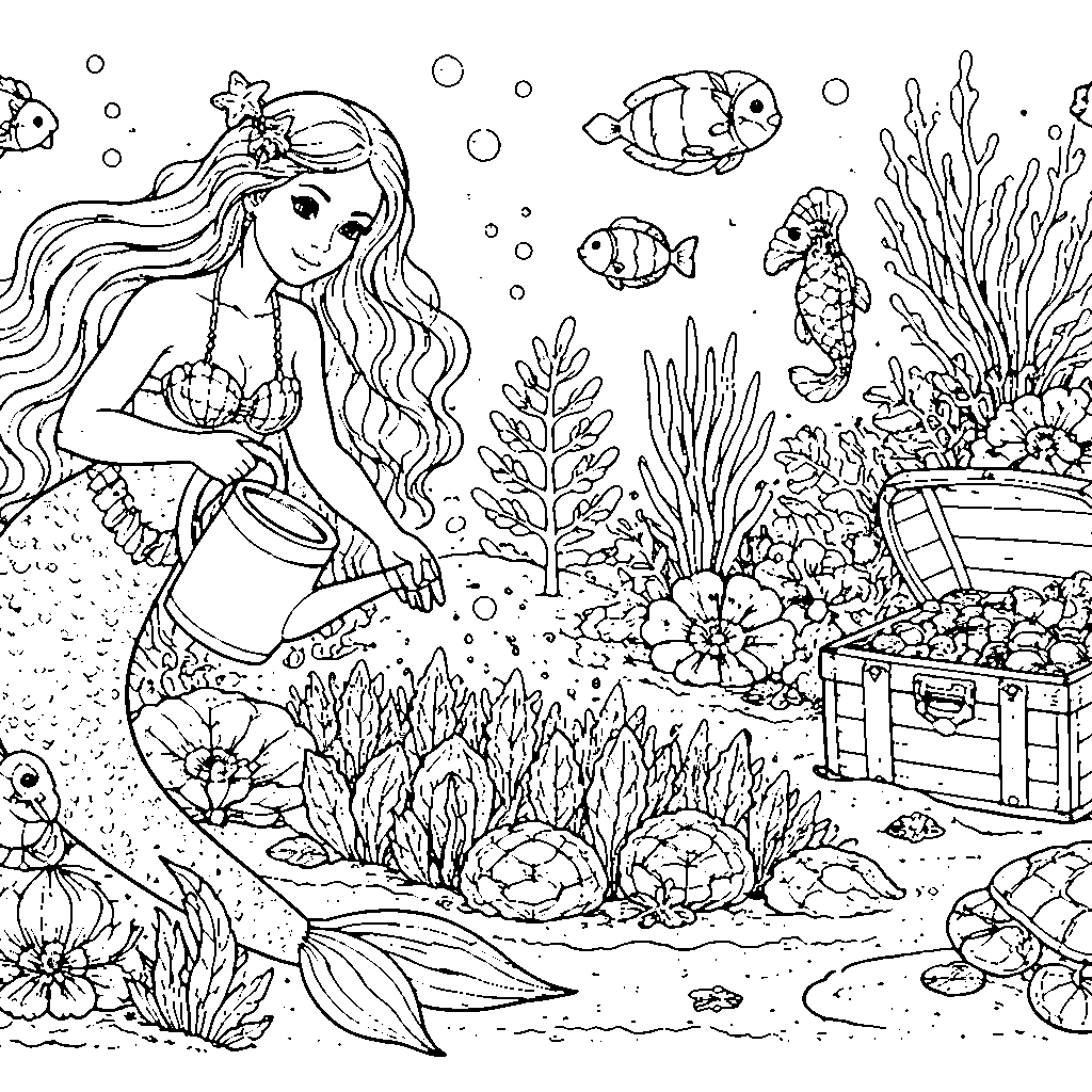 Mermaid Gardener Coloring Page