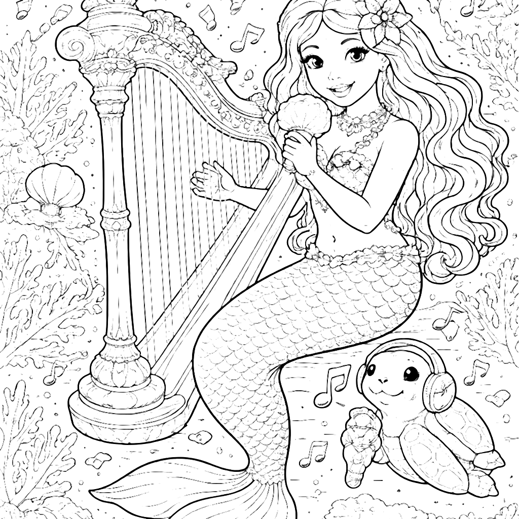 Enchanting Mermaid Playing a Harp Coloring Page