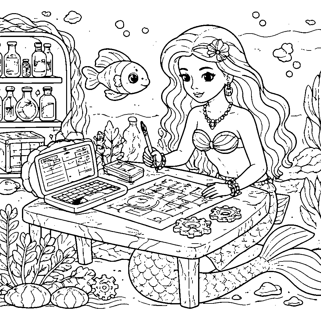 Mermaid Scientist Exploring the Ocean Coloring Page