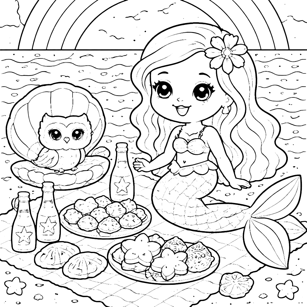 Mermaid Picnic Adventure Coloring Page