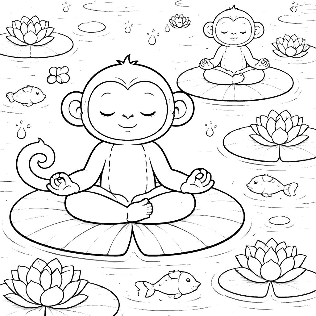 Serene Monkeys Coloring Page with Floating Lily Pads