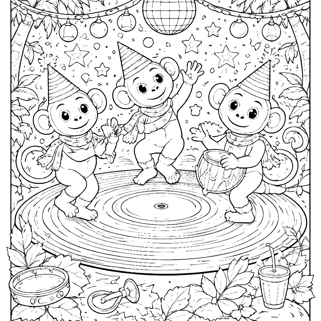 Fun Monkeys Dancing on a Vinyl Record Coloring Page