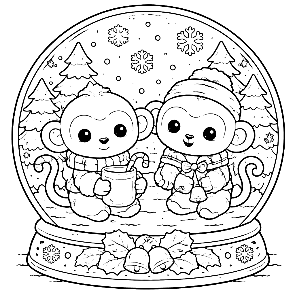 Kawaii Monkeys in a Cozy Winter Wonderland Coloring Page