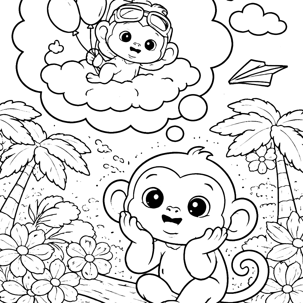 Fun Monkeys Coloring Page with Dreamy Clouds and Balloons
