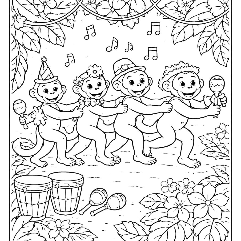 Fun Monkeys Coloring Page with Dancing Hats and Music