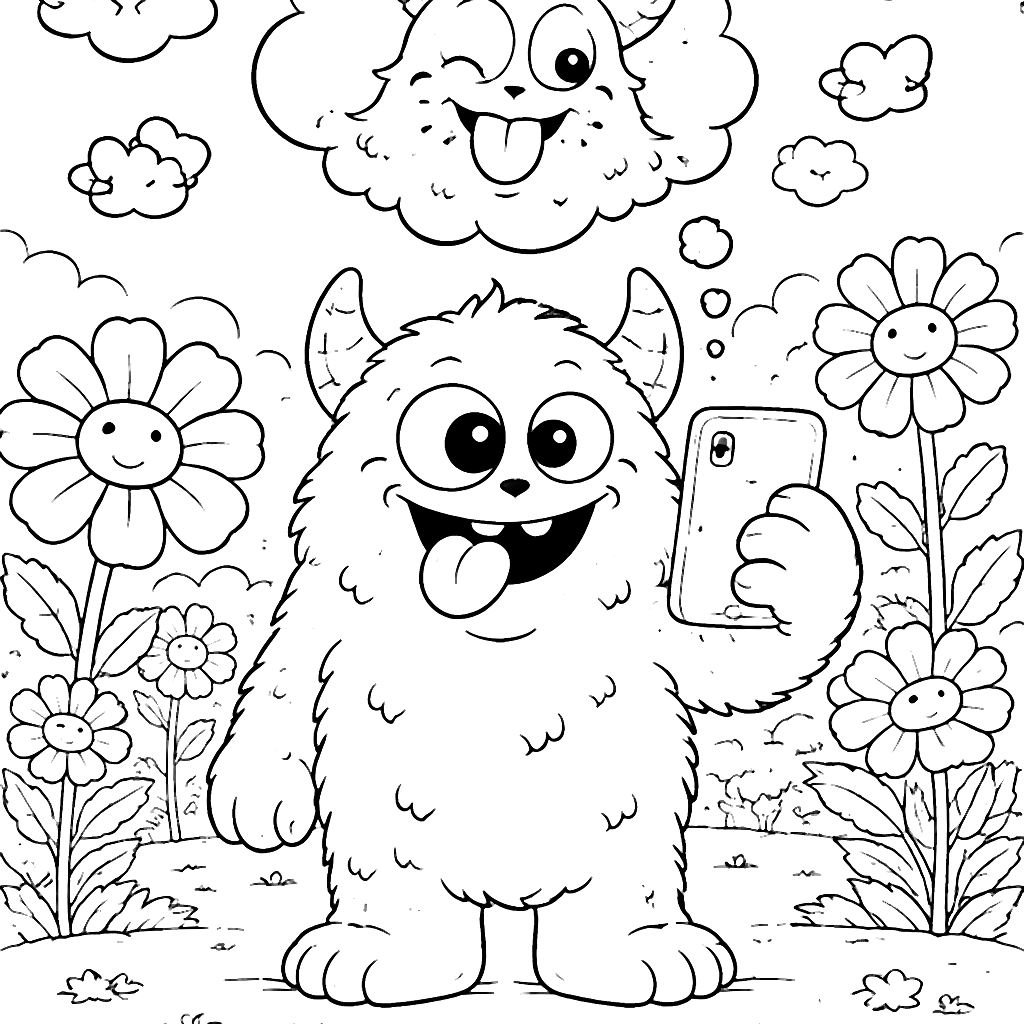 Playful Monster Selfie in a Colorful Park Coloring Page